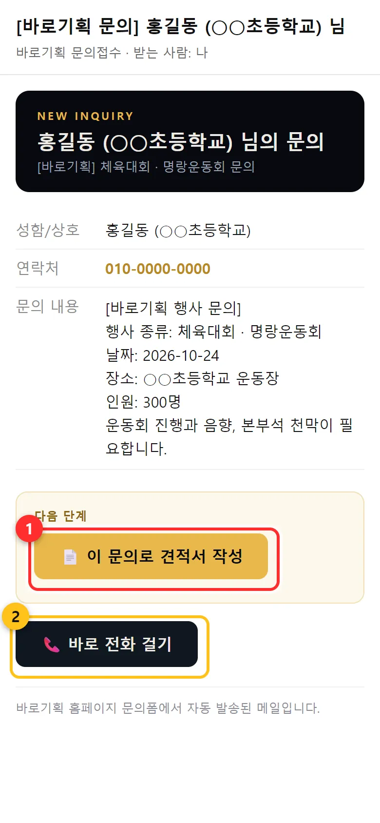 알림 메일 예시 — ① 이 문의로 견적서 작성 ② 바로 전화 걸기