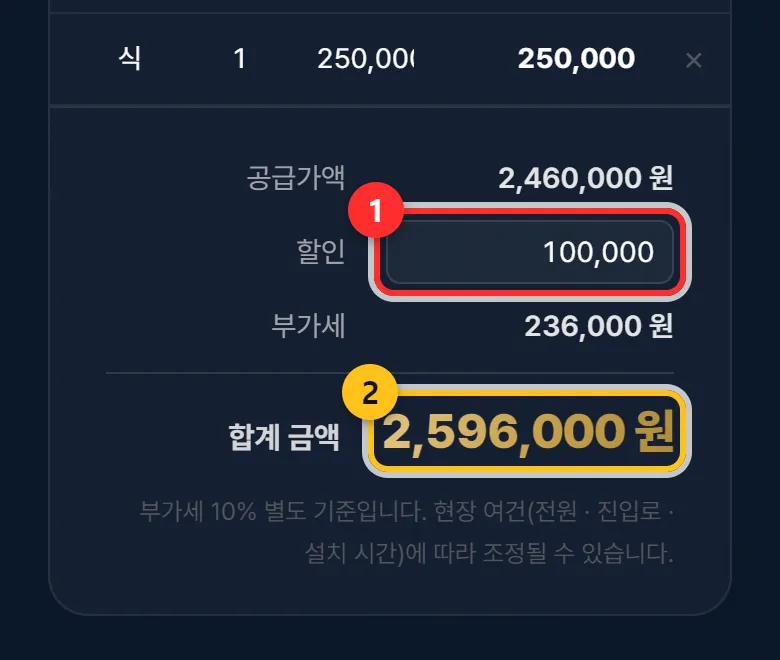 ① 할인 ② 합계 금액