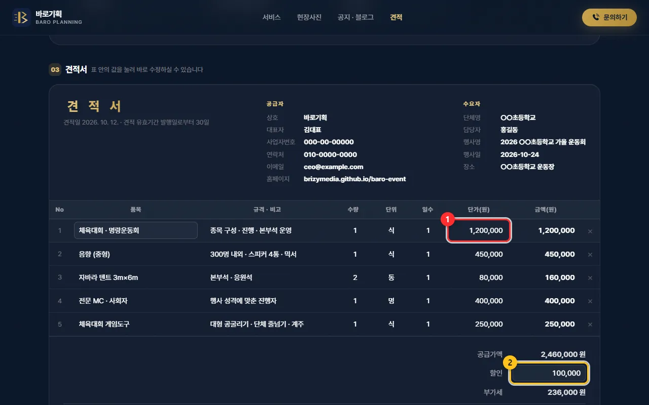 PC 화면 — ① 단가 ② 할인